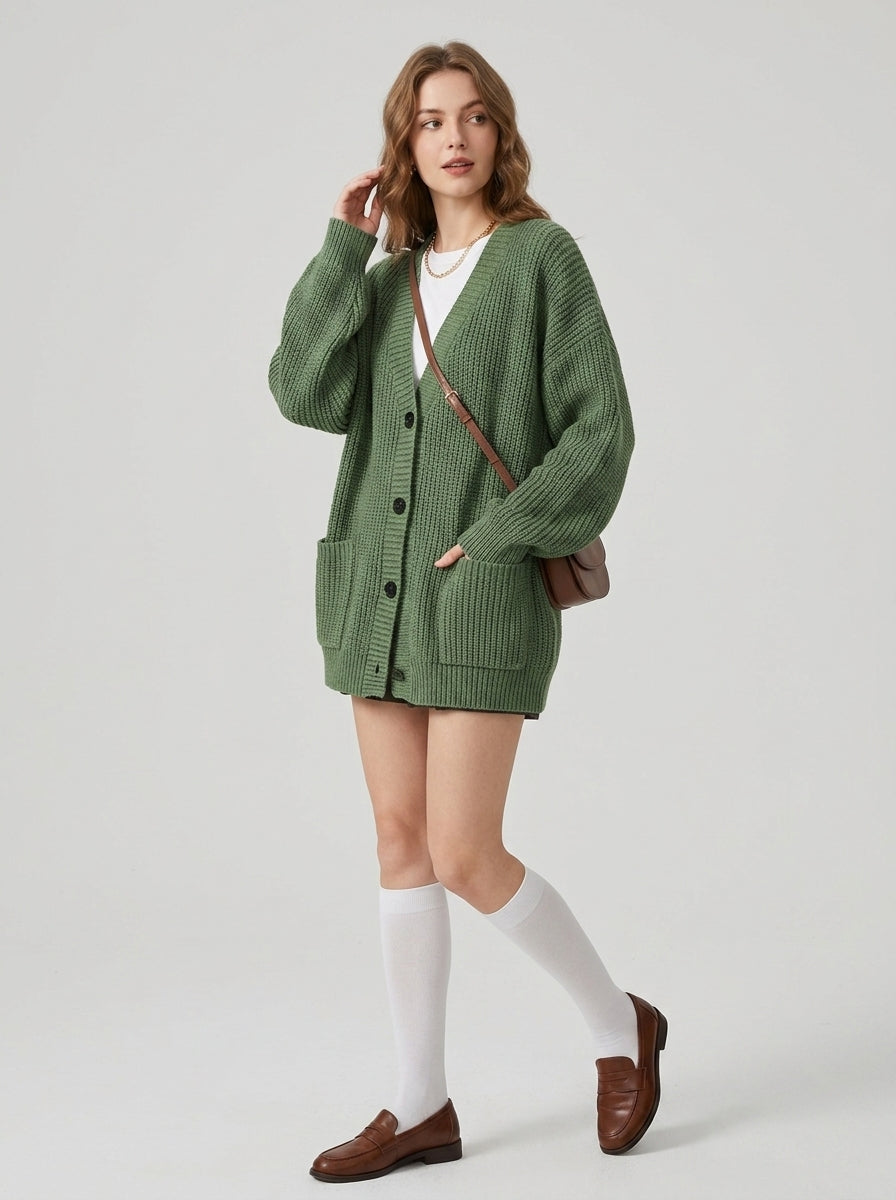 Aramelle | Women's Ribbed V-Neck Cardigan, Button-Front Sweater with Patch Pockets