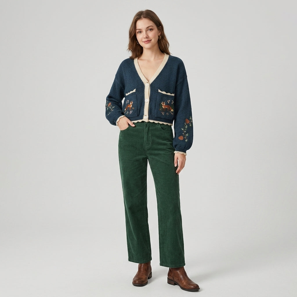 Arcelia | Women’s Color-Block Cardigan – Embroidered Fox Detail