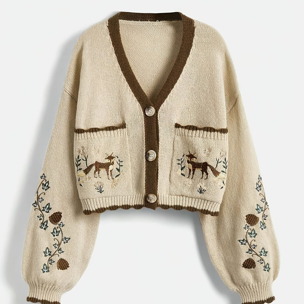 Arcelia | Women’s Color-Block Cardigan – Embroidered Fox Detail
