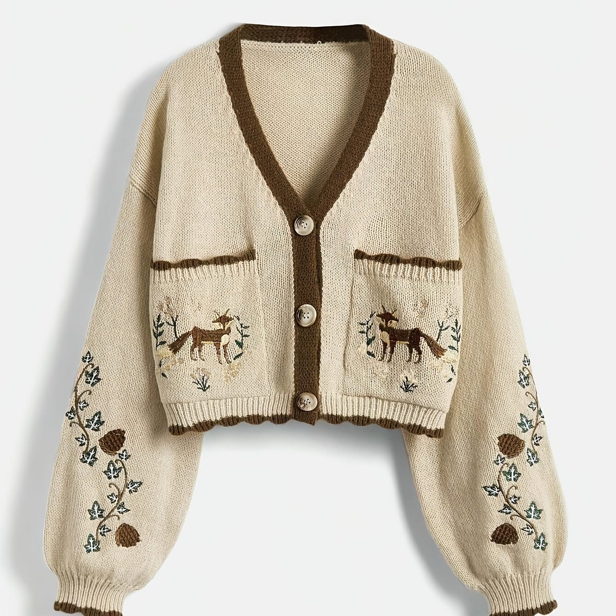 Arcelia | Women’s Color-Block Cardigan – Embroidered Fox Detail