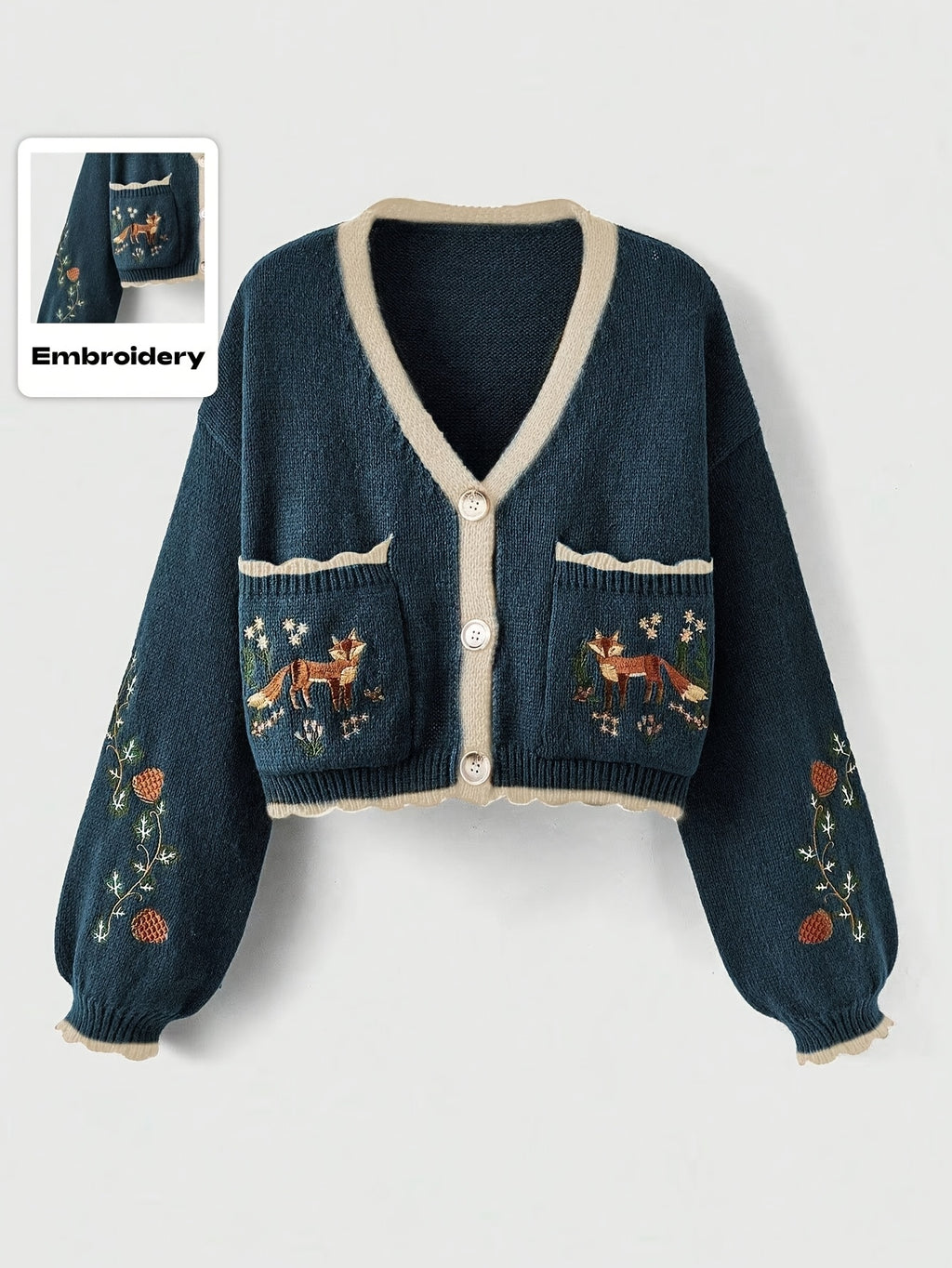 Arcelia | Women’s Color-Block Cardigan – Embroidered Fox Detail