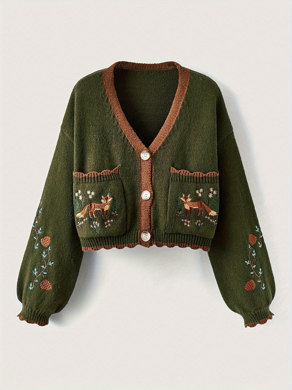 Arcelia | Women’s Color-Block Cardigan – Embroidered Fox Detail