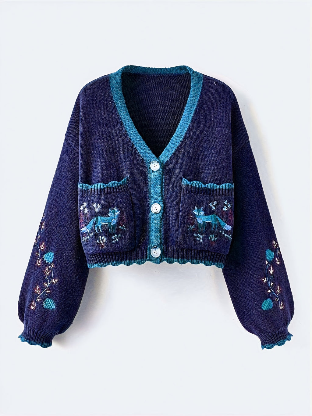 Arcelia | Women’s Color-Block Cardigan – Embroidered Fox Detail