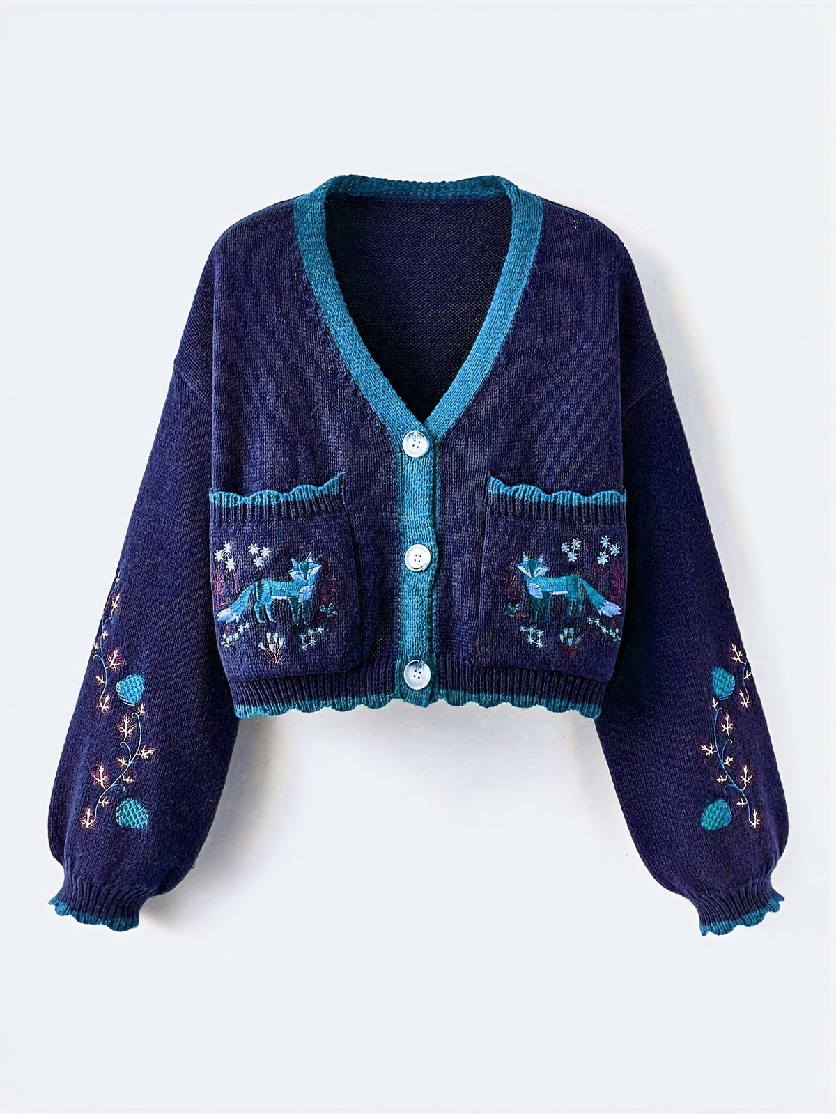 Arcelia | Women’s Color-Block Cardigan – Embroidered Fox Detail