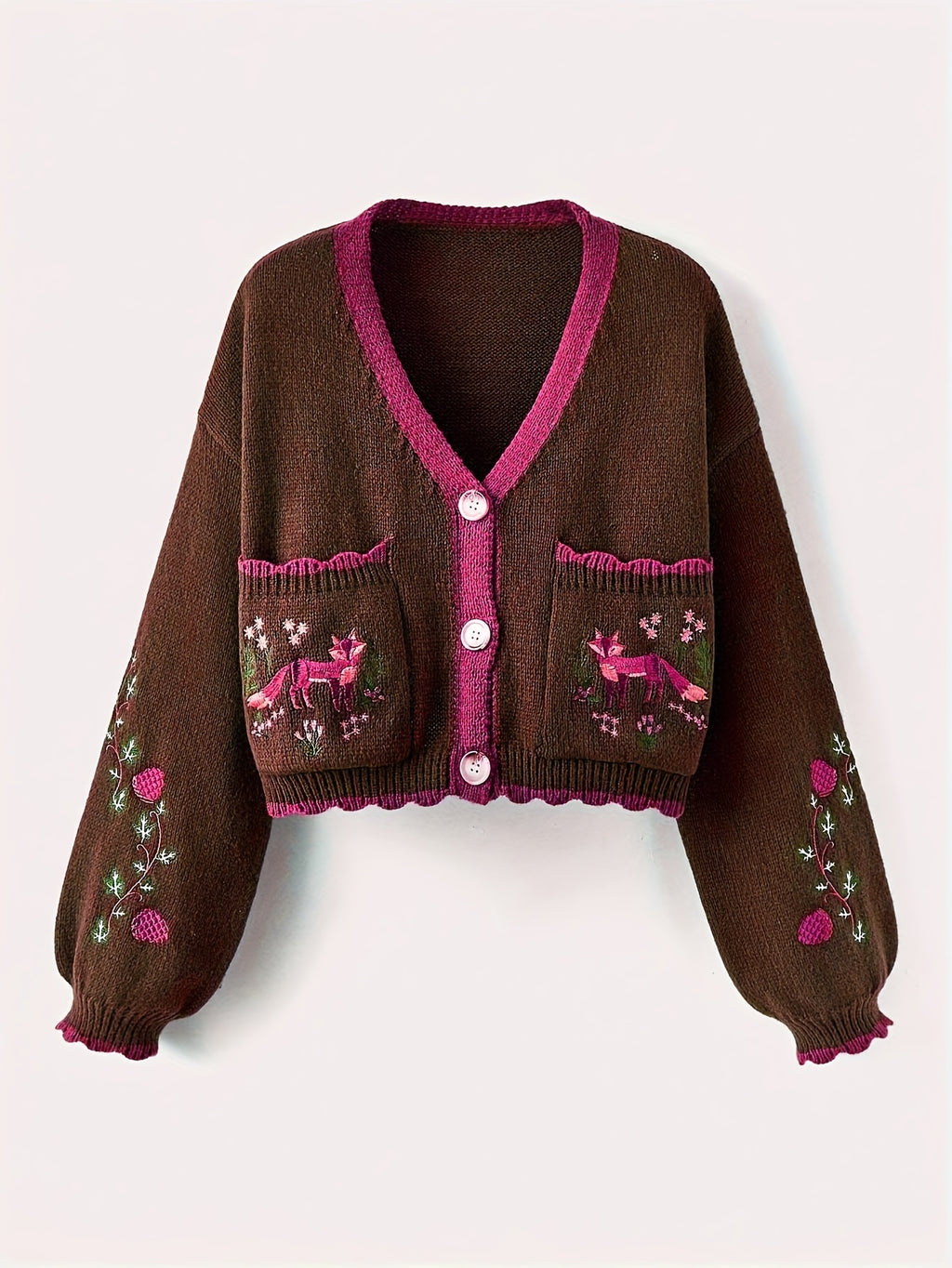 Arcelia | Women’s Color-Block Cardigan – Embroidered Fox Detail