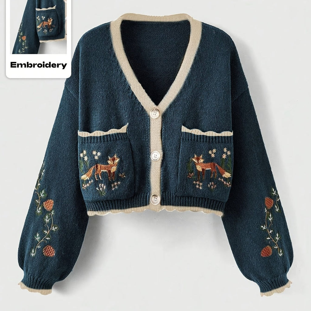 Arcelia | Women’s Color-Block Cardigan – Embroidered Fox Detail