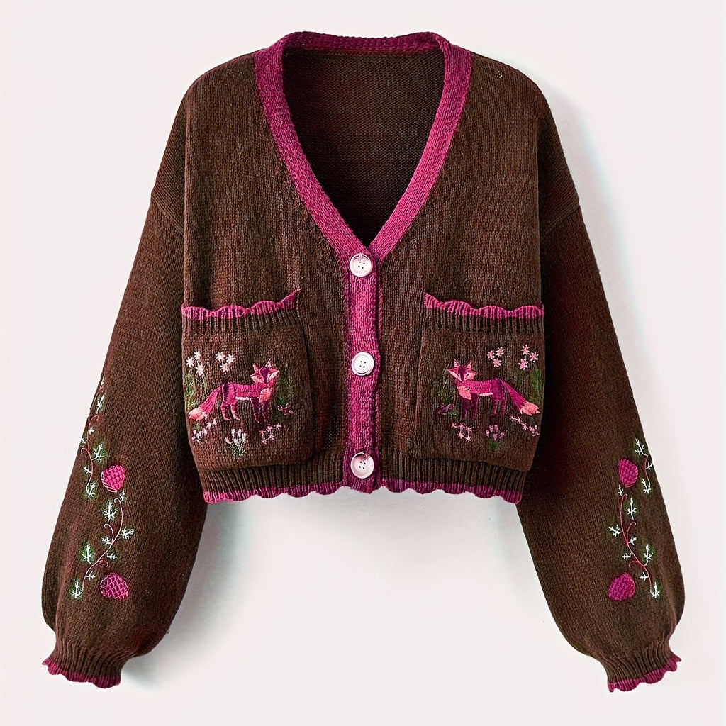 Arcelia | Women’s Color-Block Cardigan – Embroidered Fox Detail