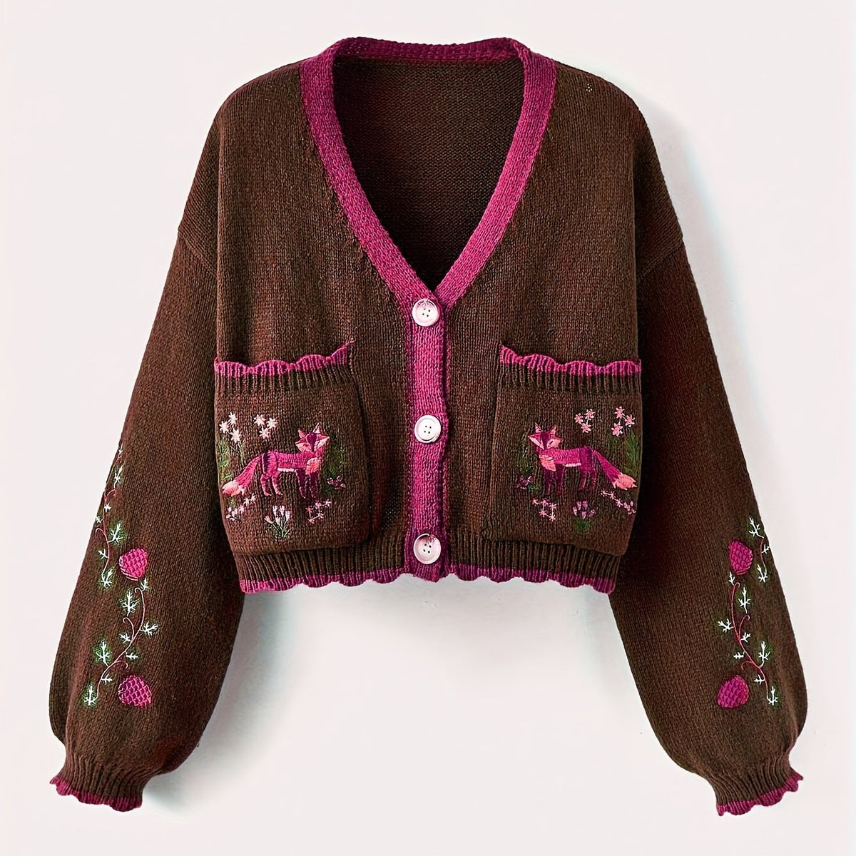 Arcelia | Women’s Color-Block Cardigan – Embroidered Fox Detail