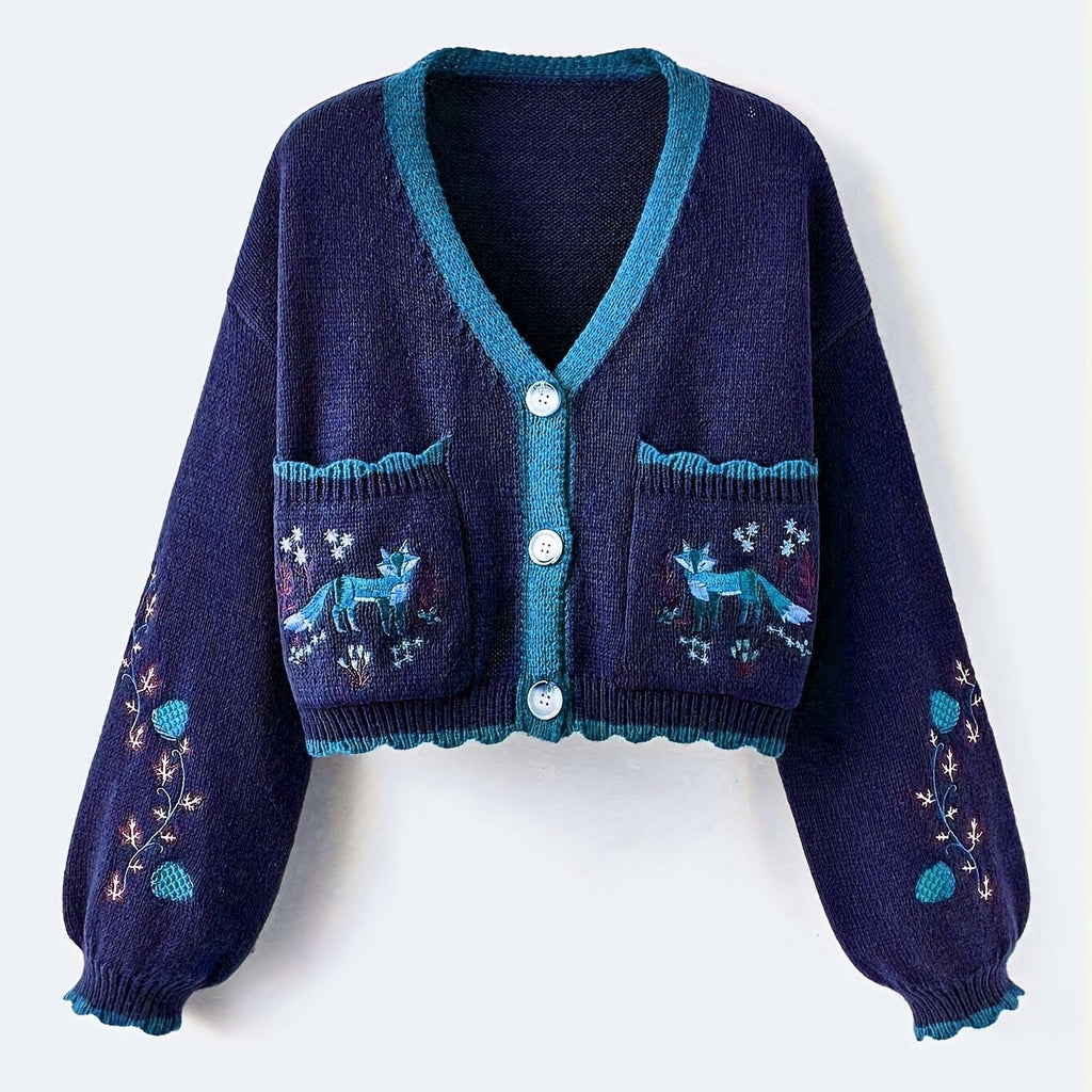 Arcelia | Women’s Color-Block Cardigan – Embroidered Fox Detail
