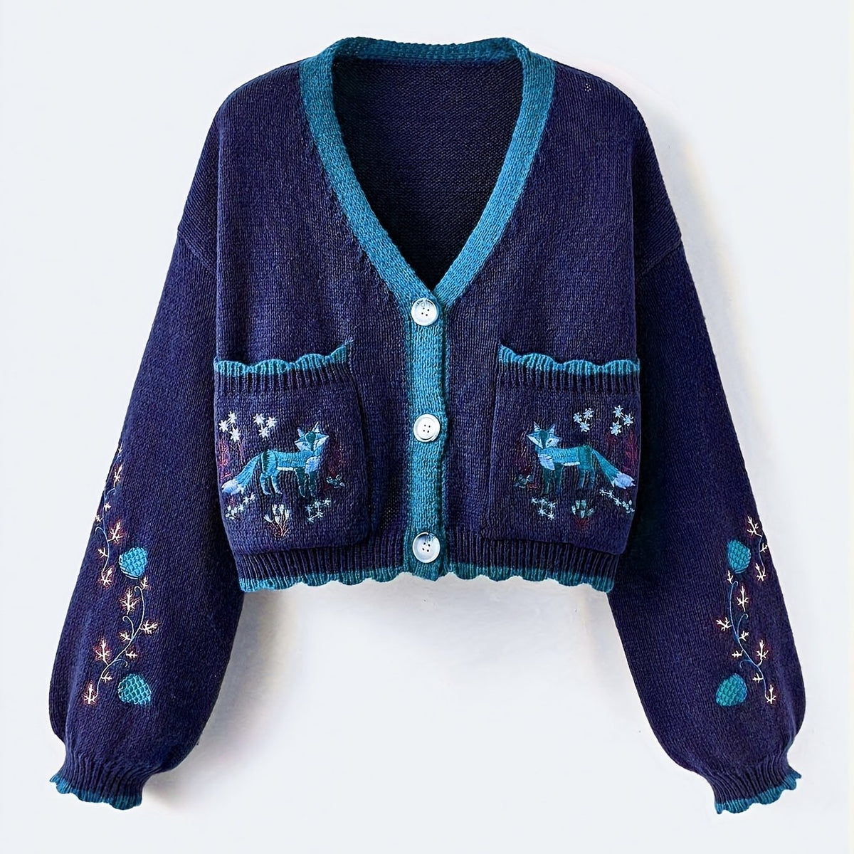Arcelia | Women’s Color-Block Cardigan – Embroidered Fox Detail