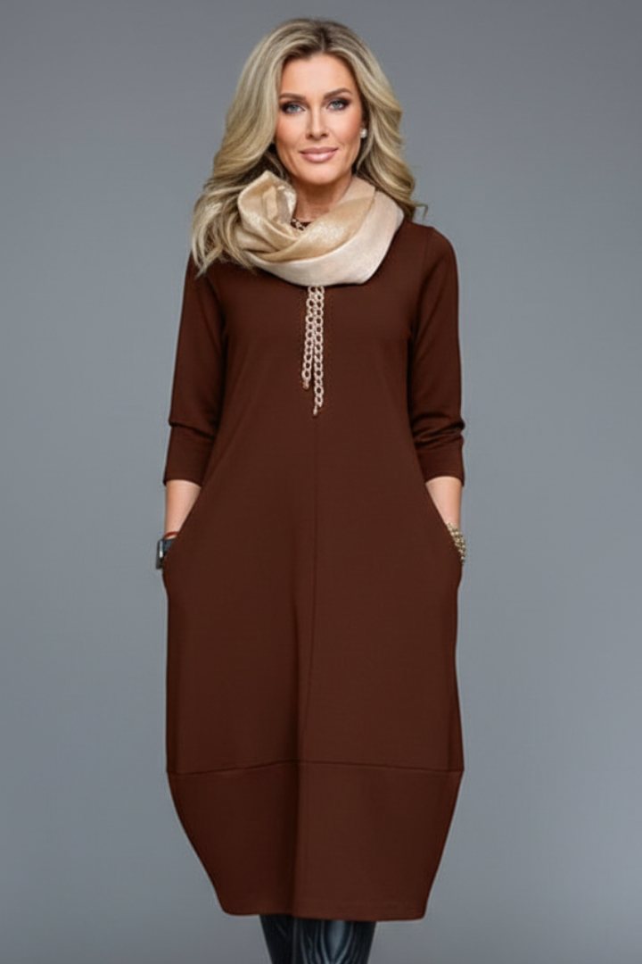 Ariah | Women's Textured A-Line Midi Dress with Round Neck, 3/4 Sleeves & Side Pockets