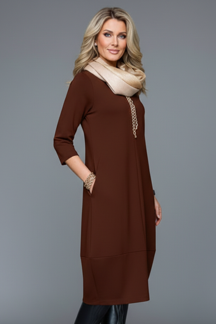 Ariah | Women's Textured A-Line Midi Dress with Round Neck, 3/4 Sleeves & Side Pockets