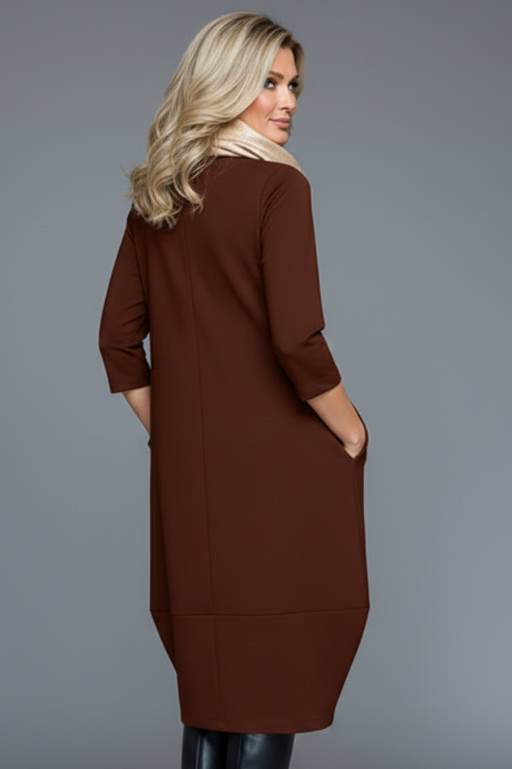 Ariah | Women's Textured A-Line Midi Dress with Round Neck, 3/4 Sleeves & Side Pockets