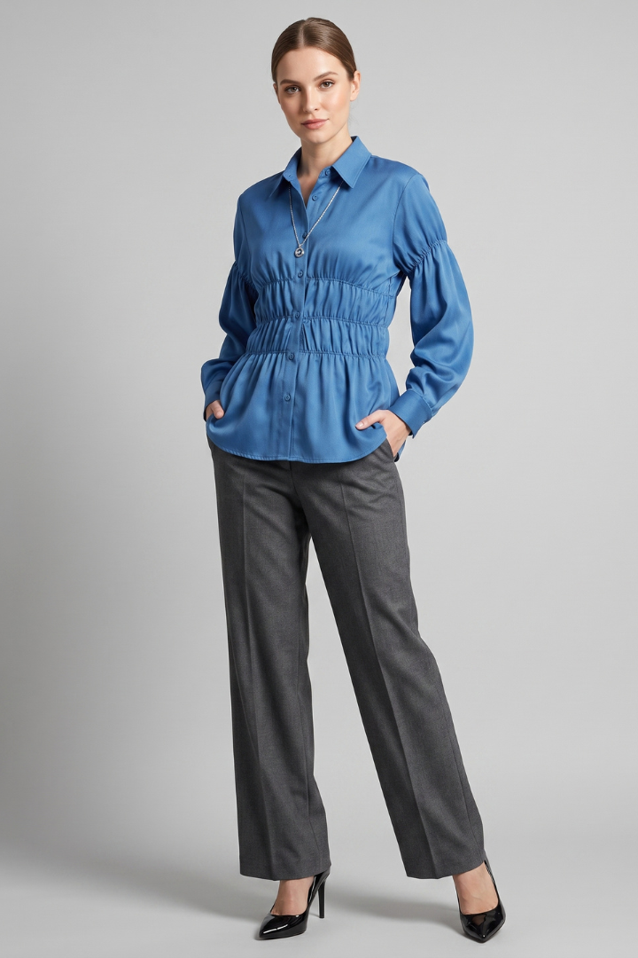 Arianne | Women's Relaxed Fit Blouse – Long Sleeve Ruched Front Casual Woven Top