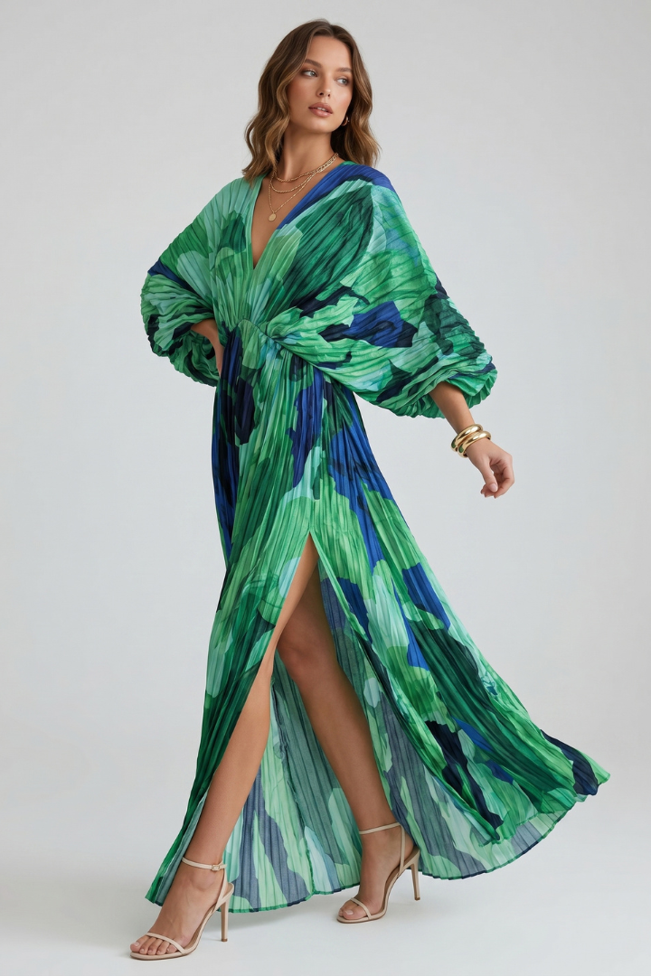 Arova | Women’s V-Neck Long Pleated Dress - Printed Maxi Dress with Long Sleeves