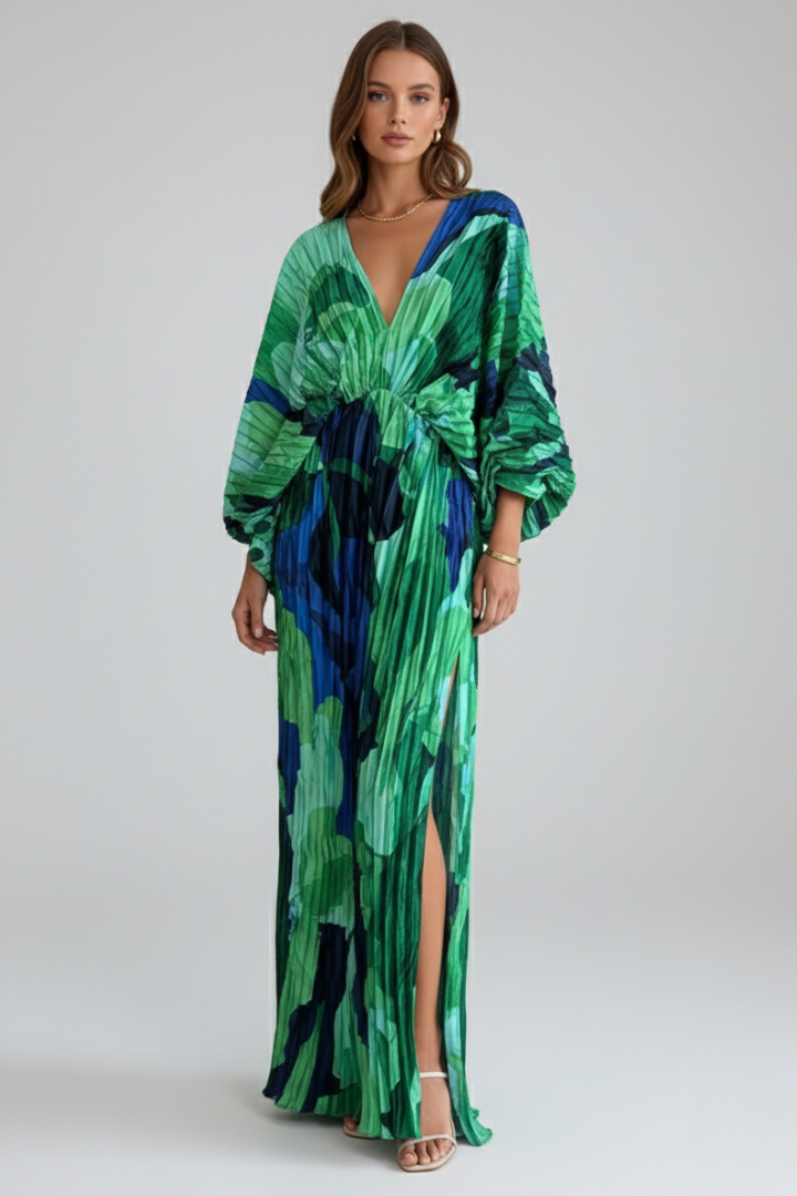 Arova | Women’s V-Neck Long Pleated Dress - Printed Maxi Dress with Long Sleeves