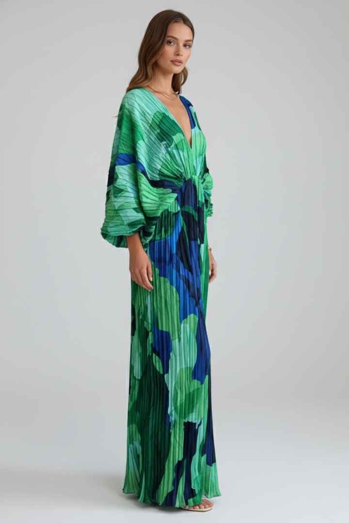 Arova | Women’s V-Neck Long Pleated Dress - Printed Maxi Dress with Long Sleeves