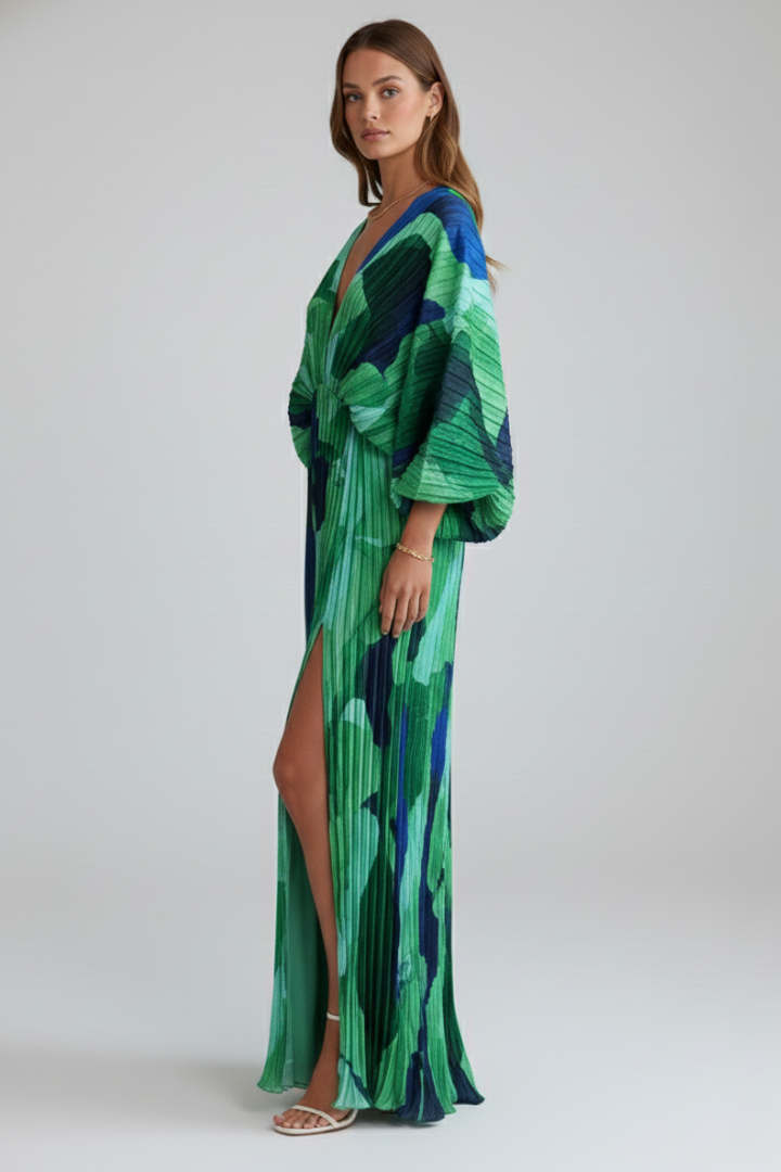 Arova | Women’s V-Neck Long Pleated Dress - Printed Maxi Dress with Long Sleeves
