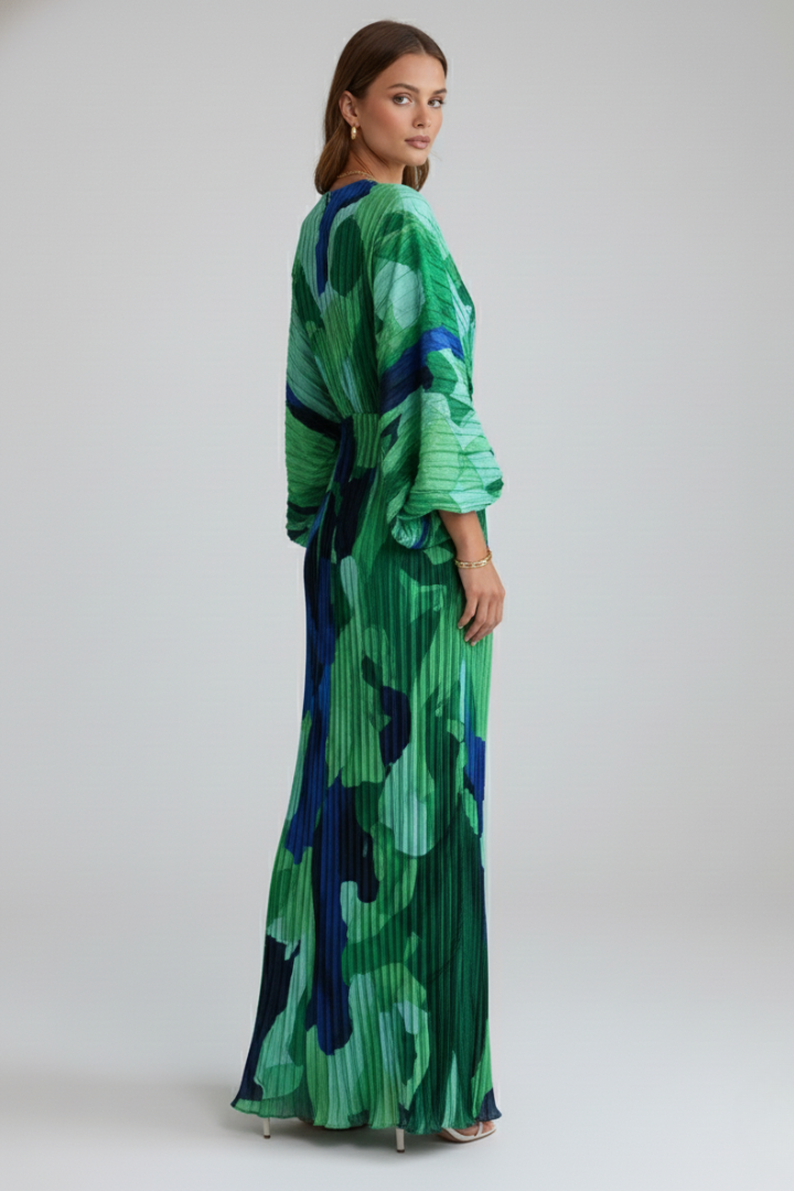 Arova | Women’s V-Neck Long Pleated Dress - Printed Maxi Dress with Long Sleeves