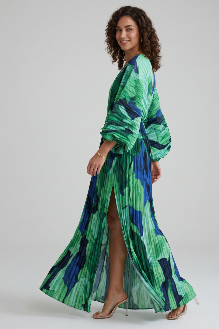 Arova | Women’s V-Neck Long Pleated Dress - Printed Maxi Dress with Long Sleeves