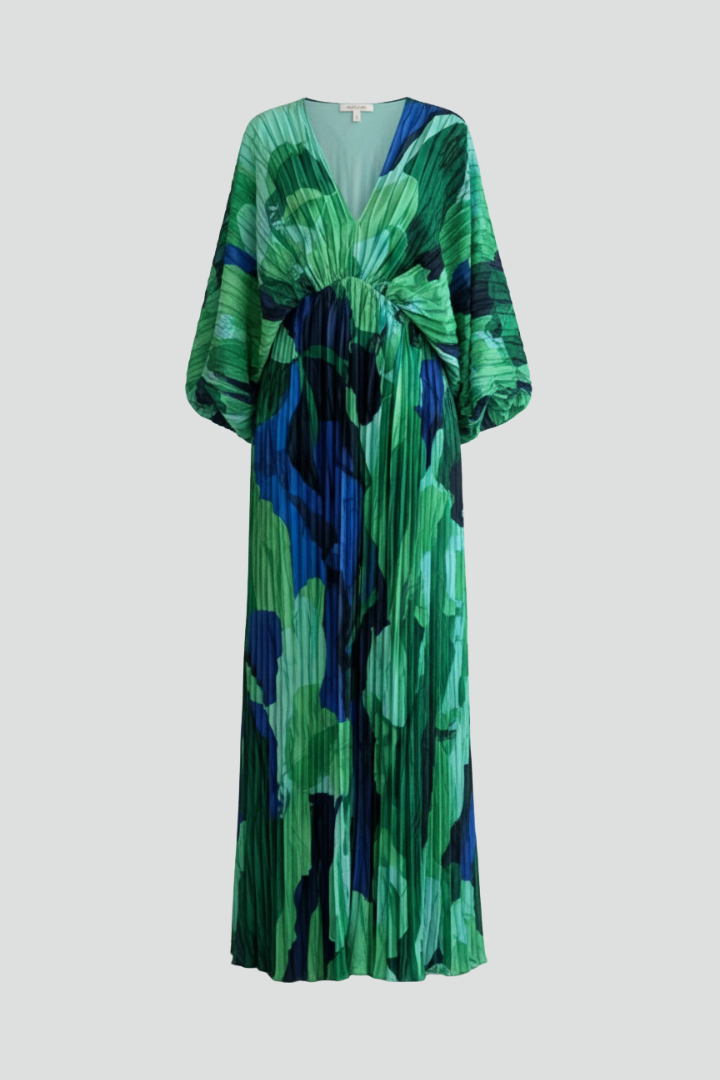 Arova | Women’s V-Neck Long Pleated Dress - Printed Maxi Dress with Long Sleeves