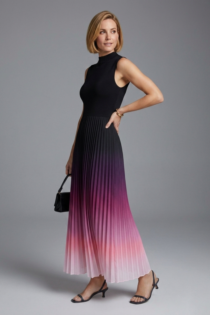 Ashby | Women's Sleeveless Long Dress – Pleated Maxi Dress with Fitted Bodice