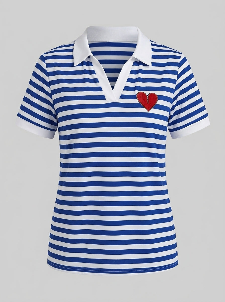 Aubrey | Women’s Striped T-Shirt – V-Neck Top with Short Sleeves, Heart Print