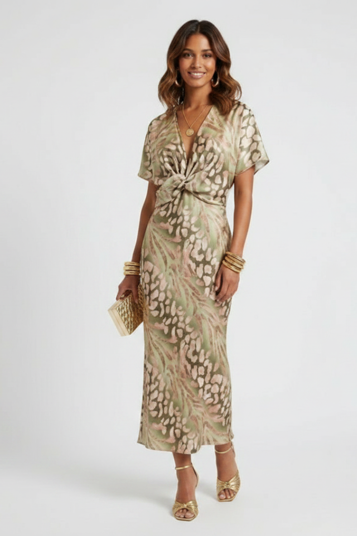 Auralia | Women’s Floral Midi Dress – V-Neck Pleated Skirt, Short Sleeve, Defined Waist