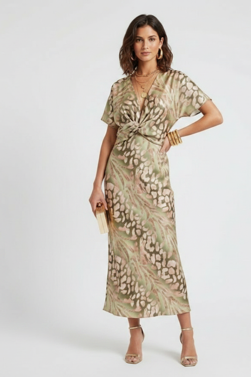 Auralia | Women’s Floral Midi Dress – V-Neck Pleated Skirt, Short Sleeve, Defined Waist