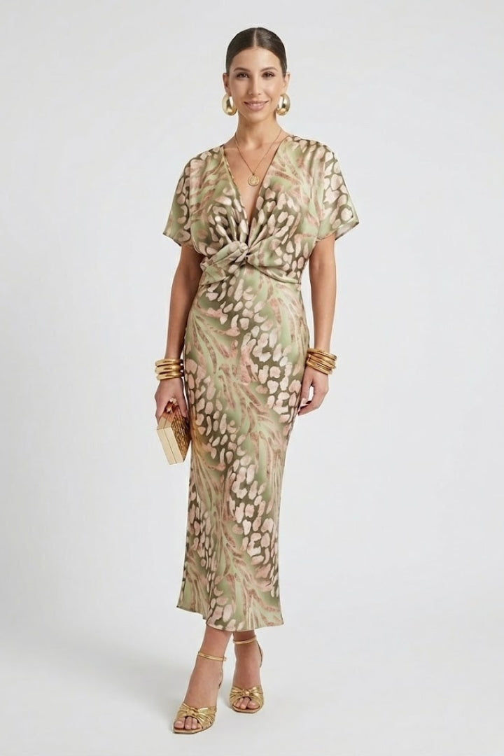 Auralia | Women’s Floral Midi Dress – V-Neck Pleated Skirt, Short Sleeve, Defined Waist