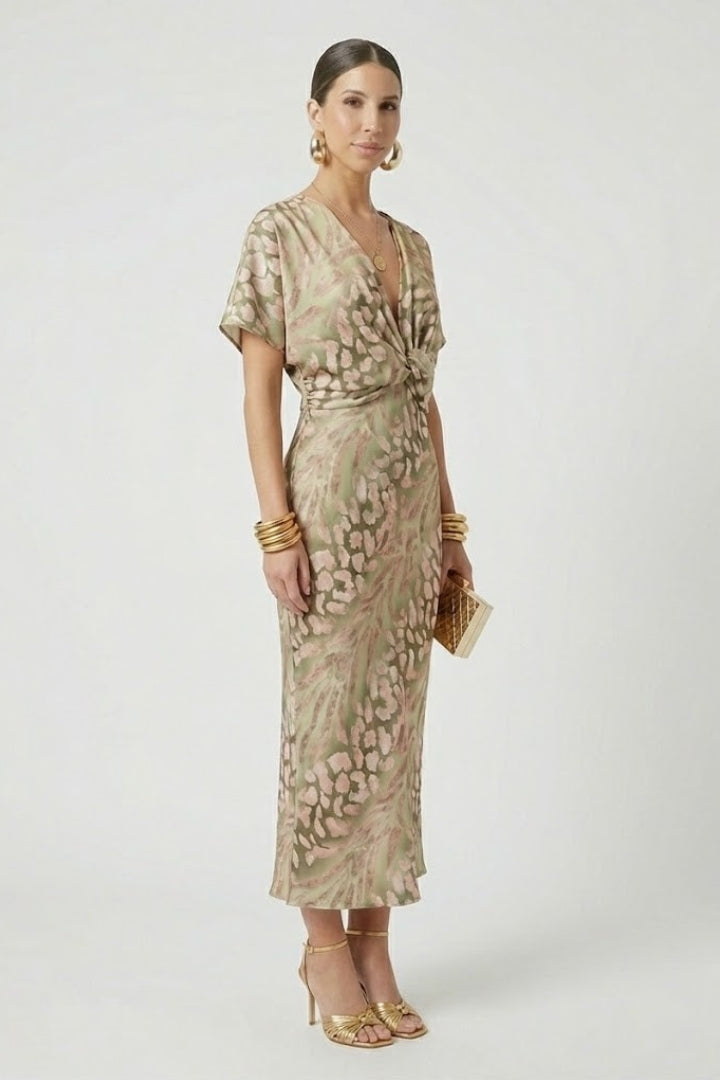 Auralia | Women’s Floral Midi Dress – V-Neck Pleated Skirt, Short Sleeve, Defined Waist