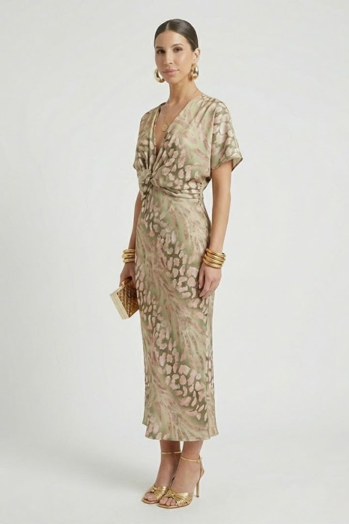Auralia | Women’s Floral Midi Dress – V-Neck Pleated Skirt, Short Sleeve, Defined Waist