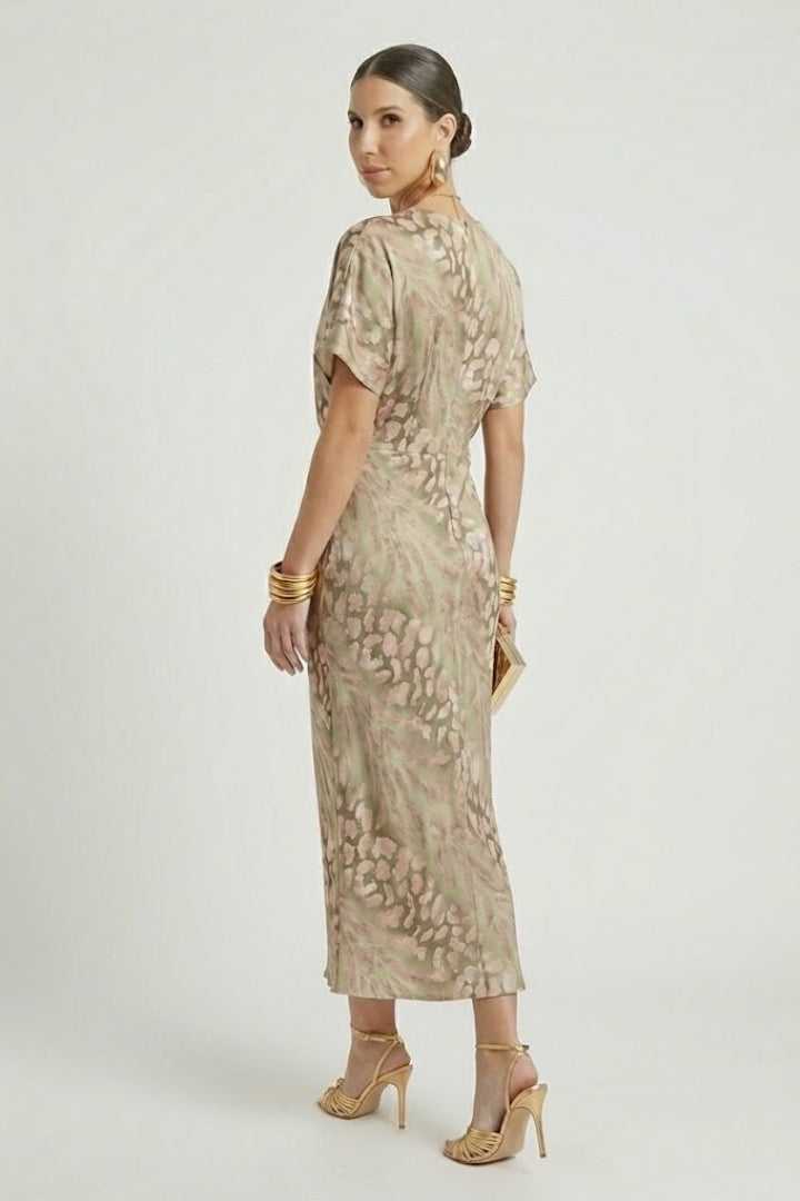 Auralia | Women’s Floral Midi Dress – V-Neck Pleated Skirt, Short Sleeve, Defined Waist