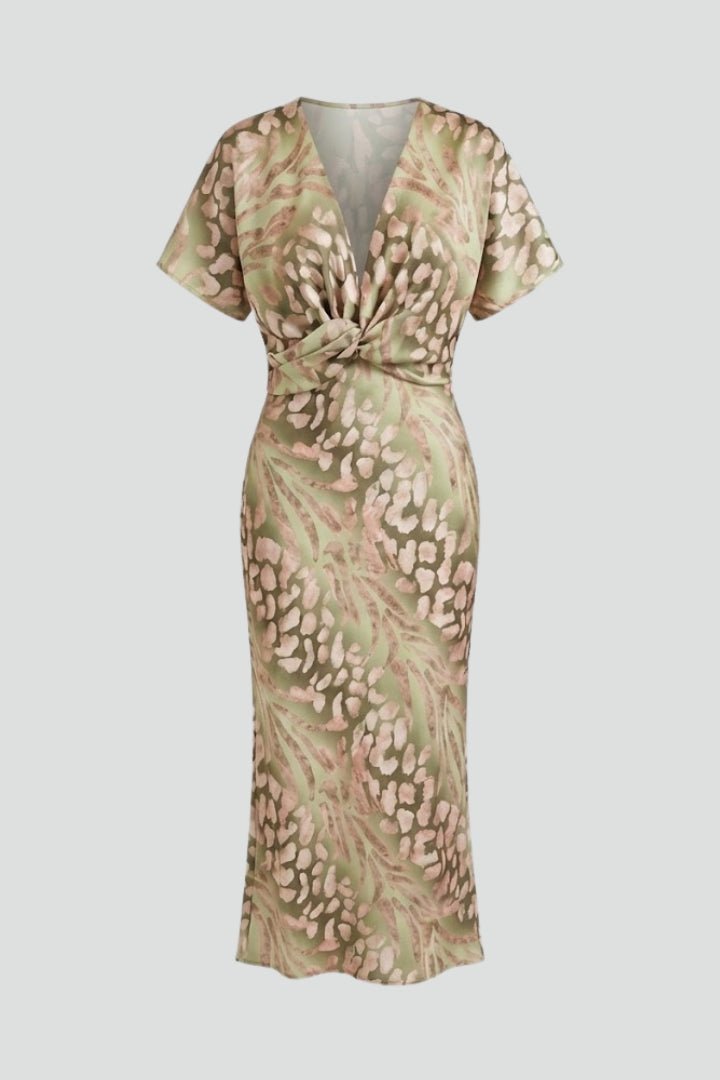 Auralia | Women’s Floral Midi Dress – V-Neck Pleated Skirt, Short Sleeve, Defined Waist