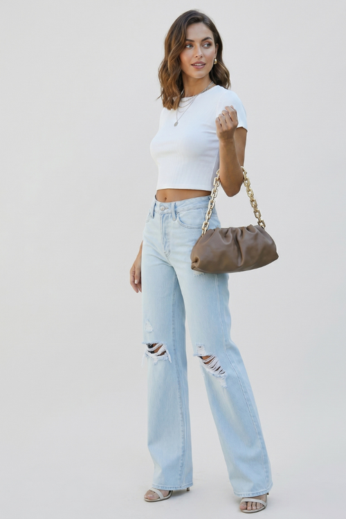 Avalyn | Women’s High Waist Wide Leg Distressed Jeans – Washed Denim Straight Leg Pants