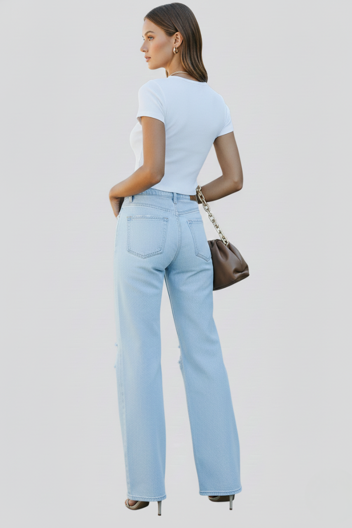 Avalyn | Women’s High Waist Wide Leg Distressed Jeans – Washed Denim Straight Leg Pants