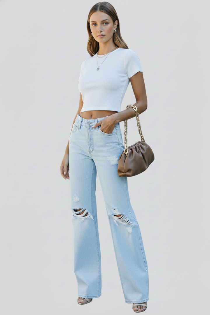 Avalyn | Women’s High Waist Wide Leg Distressed Jeans – Washed Denim Straight Leg Pants