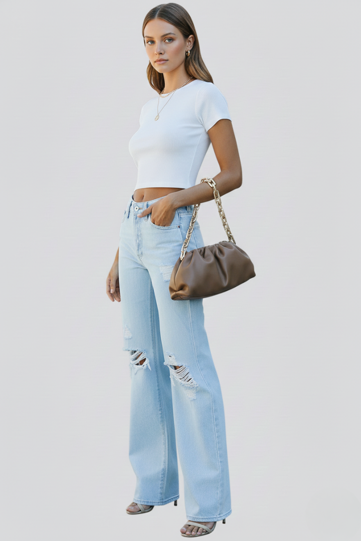 Avalyn | Women’s High Waist Wide Leg Distressed Jeans – Washed Denim Straight Leg Pants