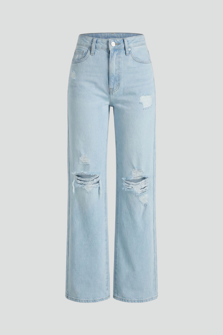 Avalyn | Women’s High Waist Wide Leg Distressed Jeans – Washed Denim Straight Leg Pants