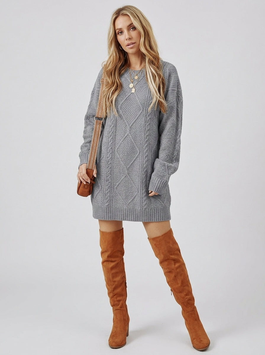 Avelina | Women's Textured Knit Sweater Dress – Round Neck, Drop Shoulder, Long Sleeves