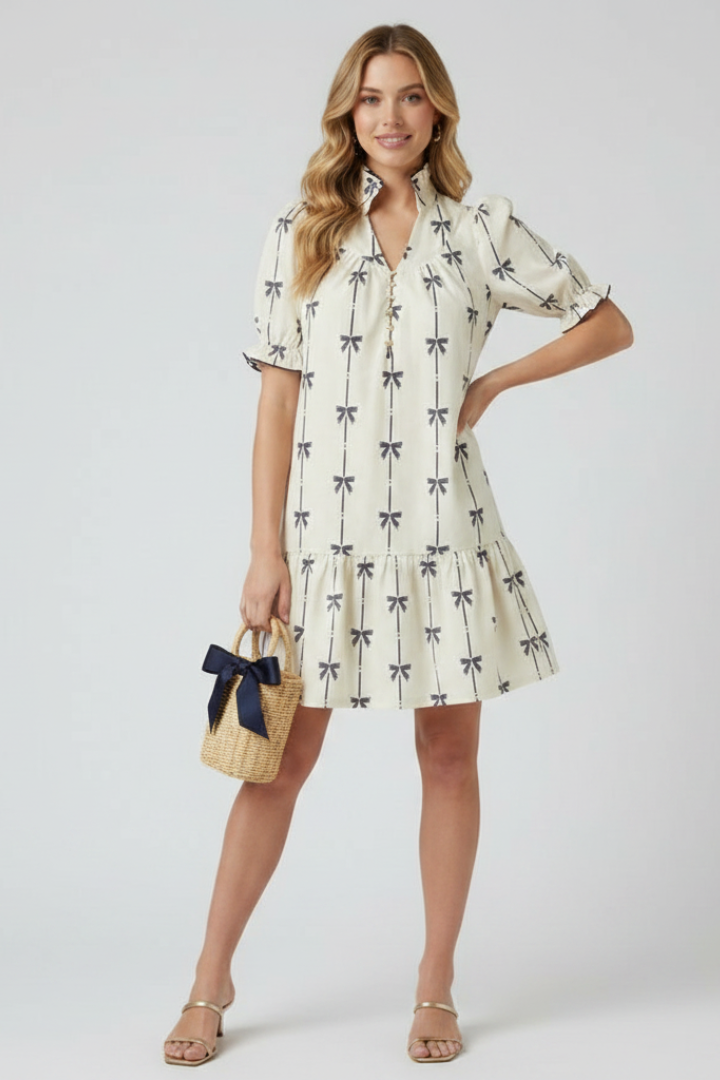 Aveline | Women’s Mini Dress - Bow Print, Puff Sleeve, A-Line, Summer Daytime Dress