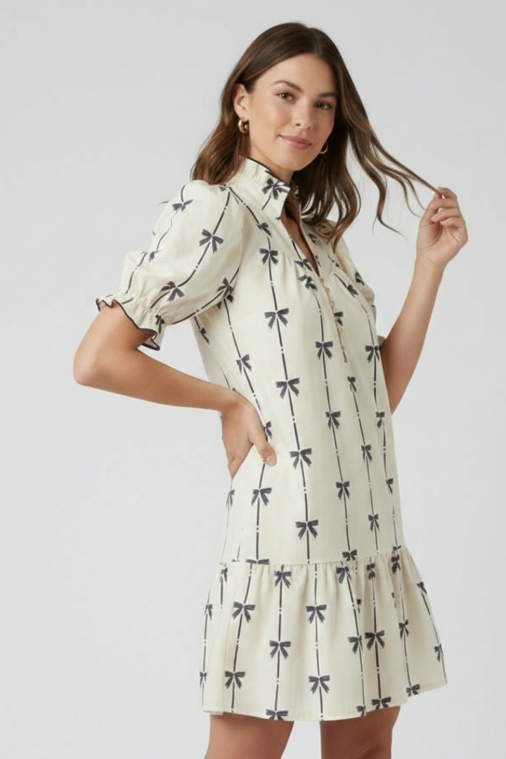 Aveline | Women’s Mini Dress - Bow Print, Puff Sleeve, A-Line, Summer Daytime Dress