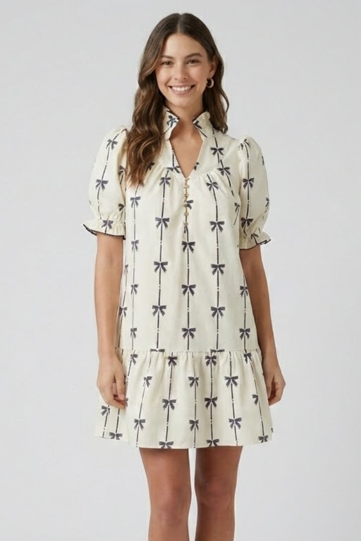 Aveline | Women’s Mini Dress - Bow Print, Puff Sleeve, A-Line, Summer Daytime Dress