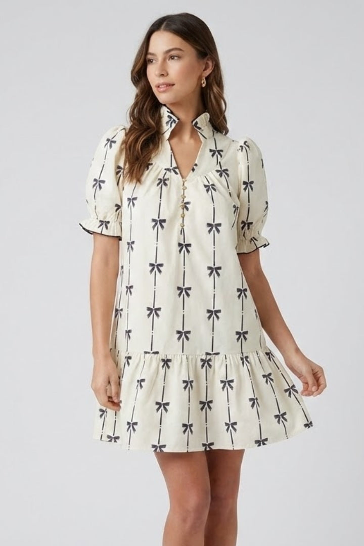 Aveline | Women’s Mini Dress - Bow Print, Puff Sleeve, A-Line, Summer Daytime Dress