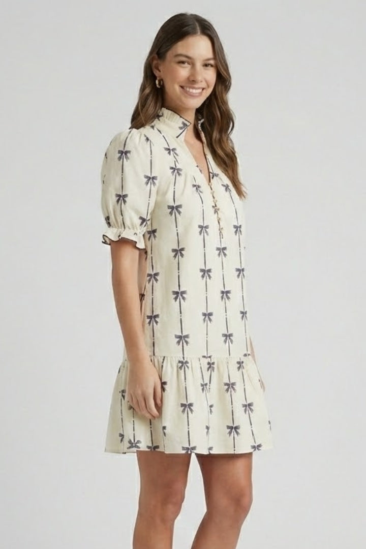 Aveline | Women’s Mini Dress - Bow Print, Puff Sleeve, A-Line, Summer Daytime Dress