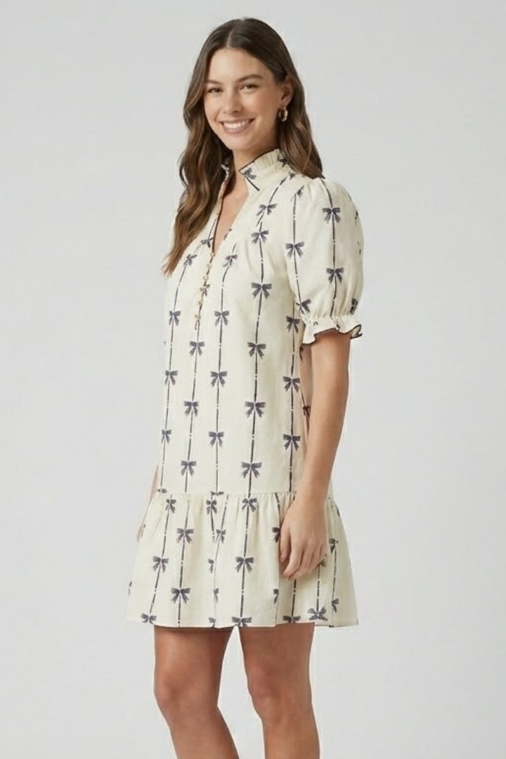 Aveline | Women’s Mini Dress - Bow Print, Puff Sleeve, A-Line, Summer Daytime Dress