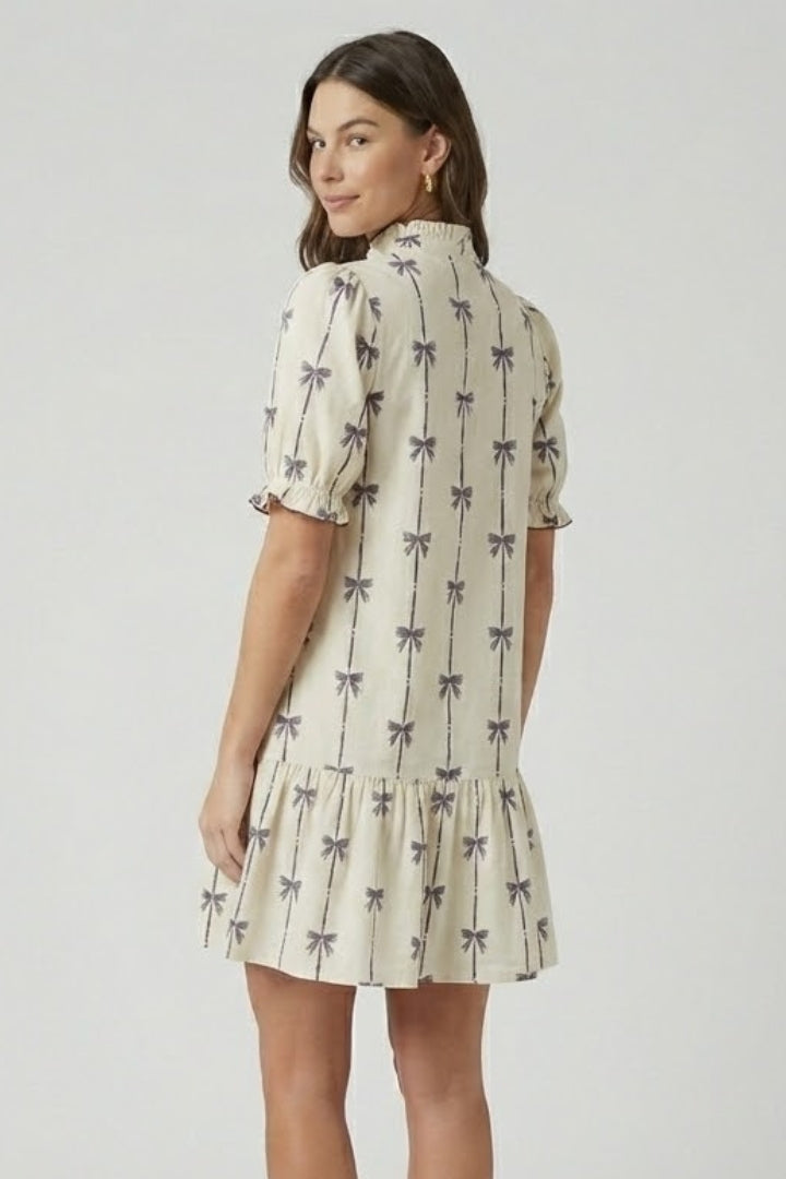 Aveline | Women’s Mini Dress - Bow Print, Puff Sleeve, A-Line, Summer Daytime Dress