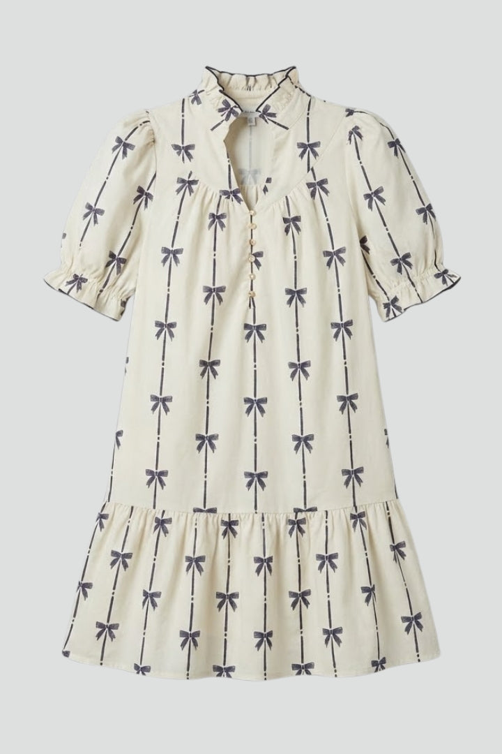 Aveline | Women’s Mini Dress - Bow Print, Puff Sleeve, A-Line, Summer Daytime Dress