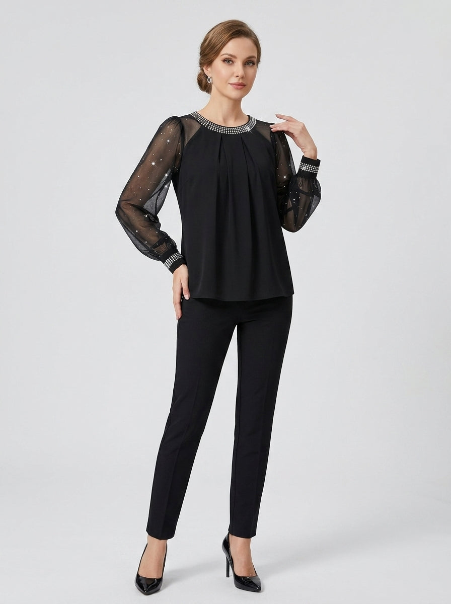 Avelisse | Women’s Sequin Top with Round Neck, Long Sleeves & Regular Fit