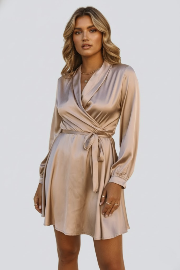 Avena | Women’s Mini Dress - V-Neck Wrap Waist, Satin Elegant Party Dress